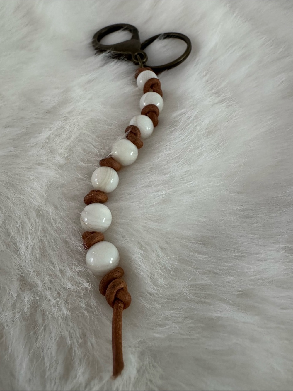 White Bead and Brown Leather Keychain Charm